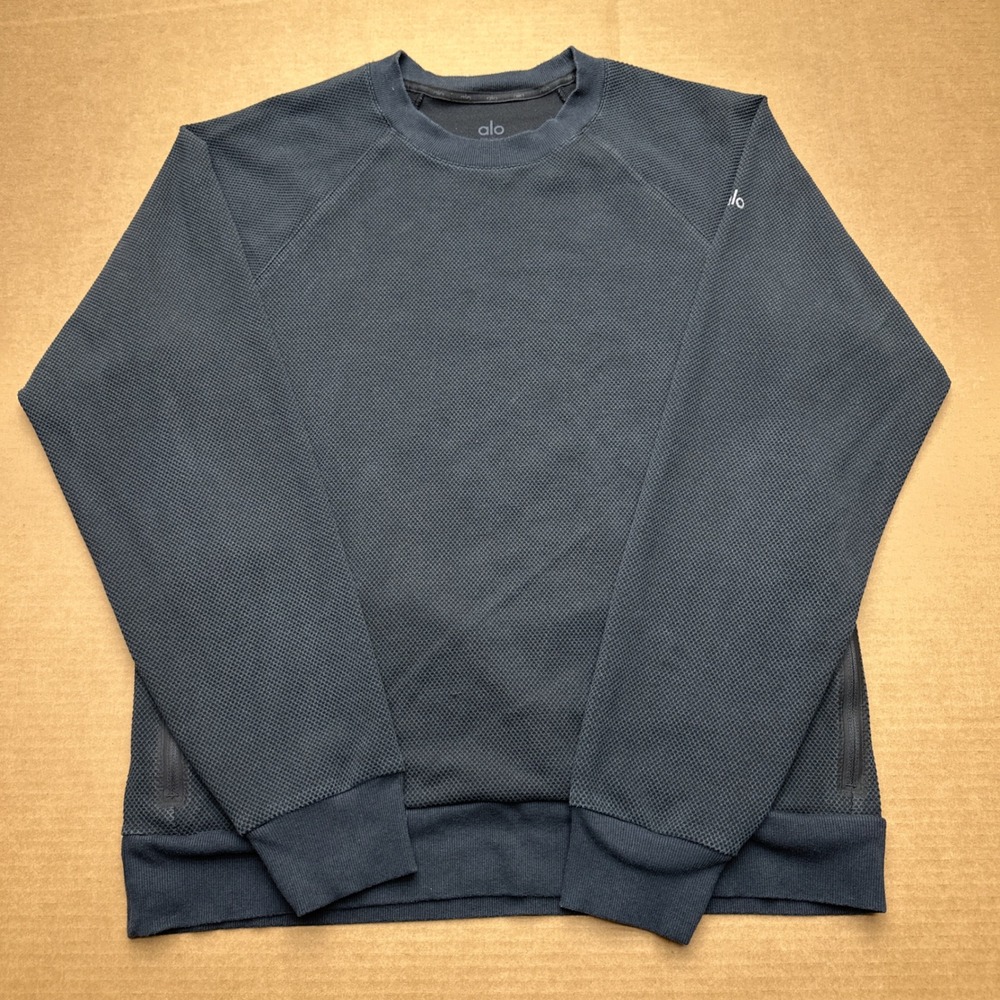 Alo Yoga Waffle Knit Crewneck Shirt Mens Sz L Black Long Sleeve Pullover Thermal - Picture 1 of 6